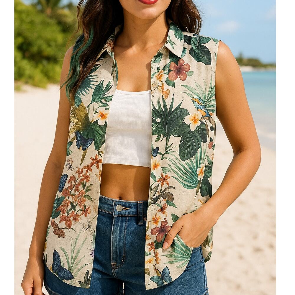 H&M Tropical Floral Jungle Butterfly Button Up Resortwear Vacation Travel Sz 8